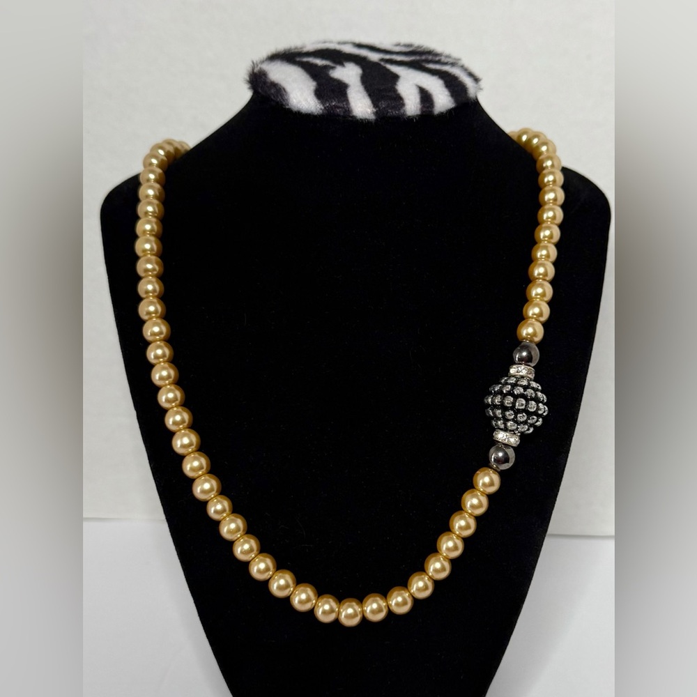 Beige Glass Pearl Strand Necklace Large Silver Textured Bead Accent Adjustable